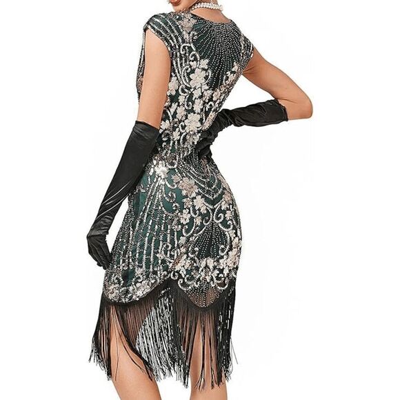 💚✨ 7PCS 1920s Great Gatsby Flapper Green Sequin Dress & Accessories Set 3XL NEW - Picture 4 of 16